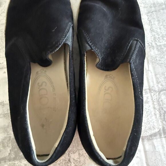 Tods Black Suede Rope Edge Mens Elasticated Side Panel Flat Rubber Loafer Sz 6